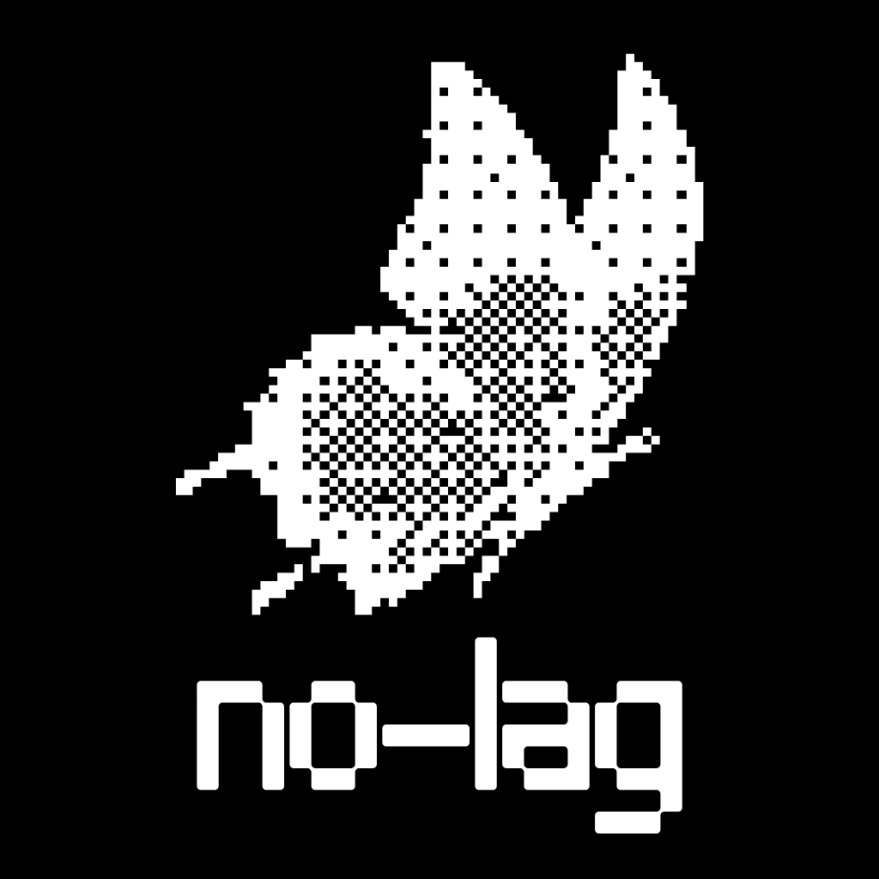 No-Lag logo, a pixel-dithered moth mark above the wordmark